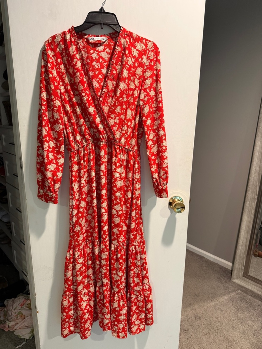 Zara Red Maxi Dress with Cream Floral Motif